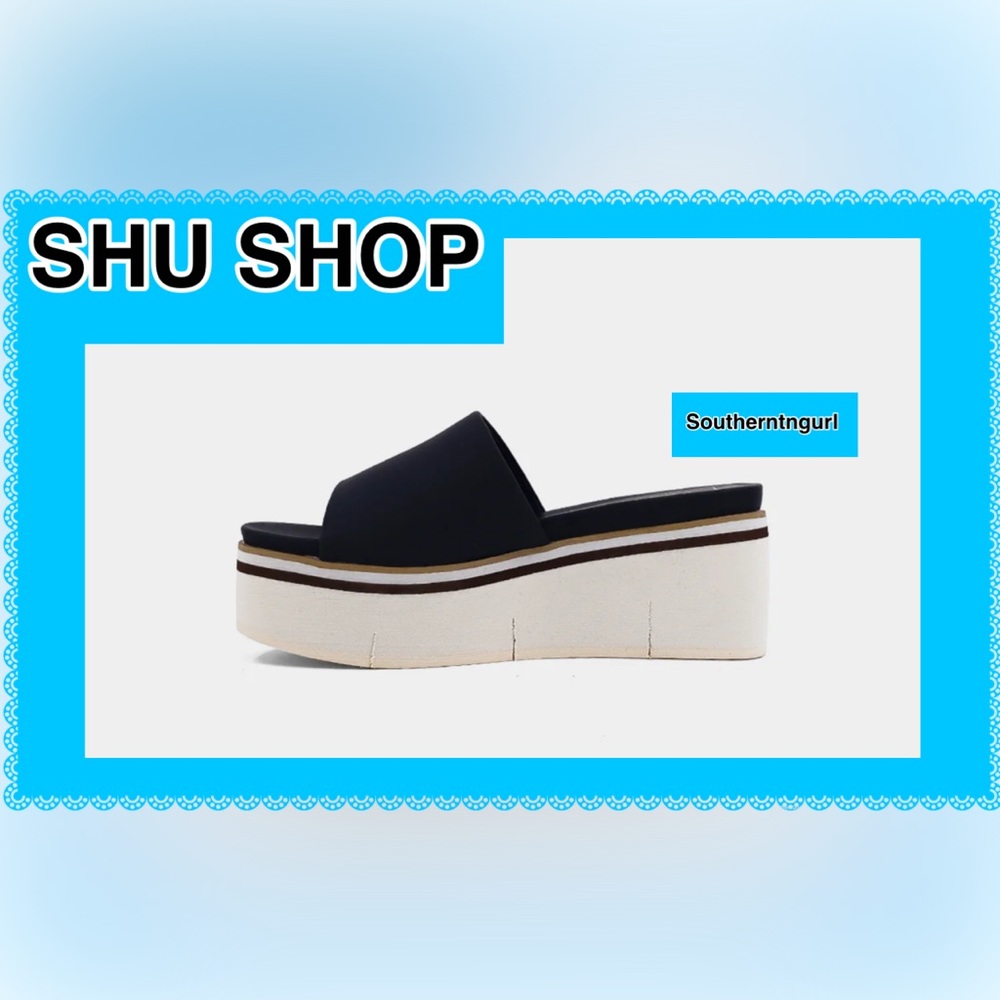 NWT SHUSHOP ”Jade” Faux leather Black/Ivory Color Block Platforms Sandals - Picture 9 of 15